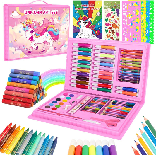 Art Supplies,Unicorn Drawing Set Coloring Kit Gift Art Box,Arts and Crafts for Kids Girls Boys with Crayon,Colored Pencil,Marker,Coloring Book,Water Cake,Stencil,Drwing Stuffs for Girls 4-10