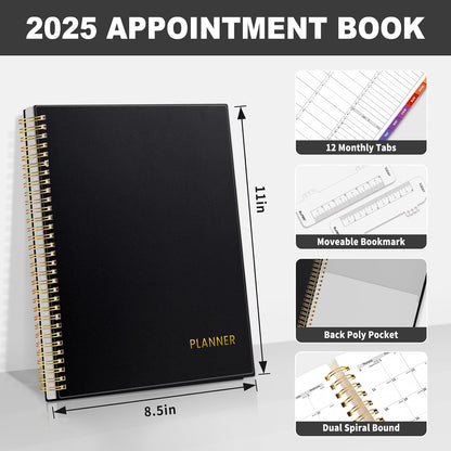 2025 Appointment Book, Quarter-Hourly, Weekly & Monthly - from January 2025 - December 2025, 8.5"X11" Weekly Planner, Flexible Cover, Note Pages, Pockets, Bookmark, Spiral Binding, Black