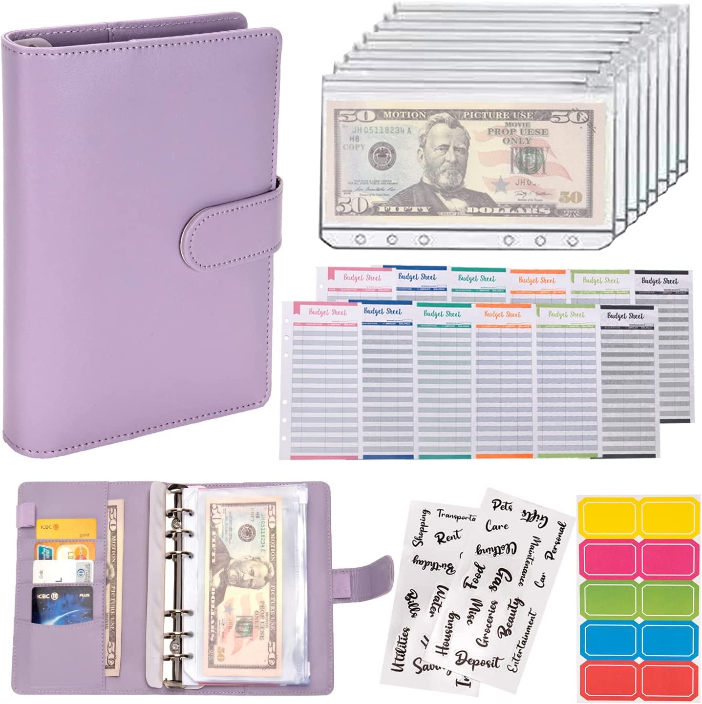 Budget Binder Cash Envelopes for Budgeting Money Organizer for Cash Money Envelopes for Cash Leather A6 Budget Binder with Zipper Envelopes (Purple)