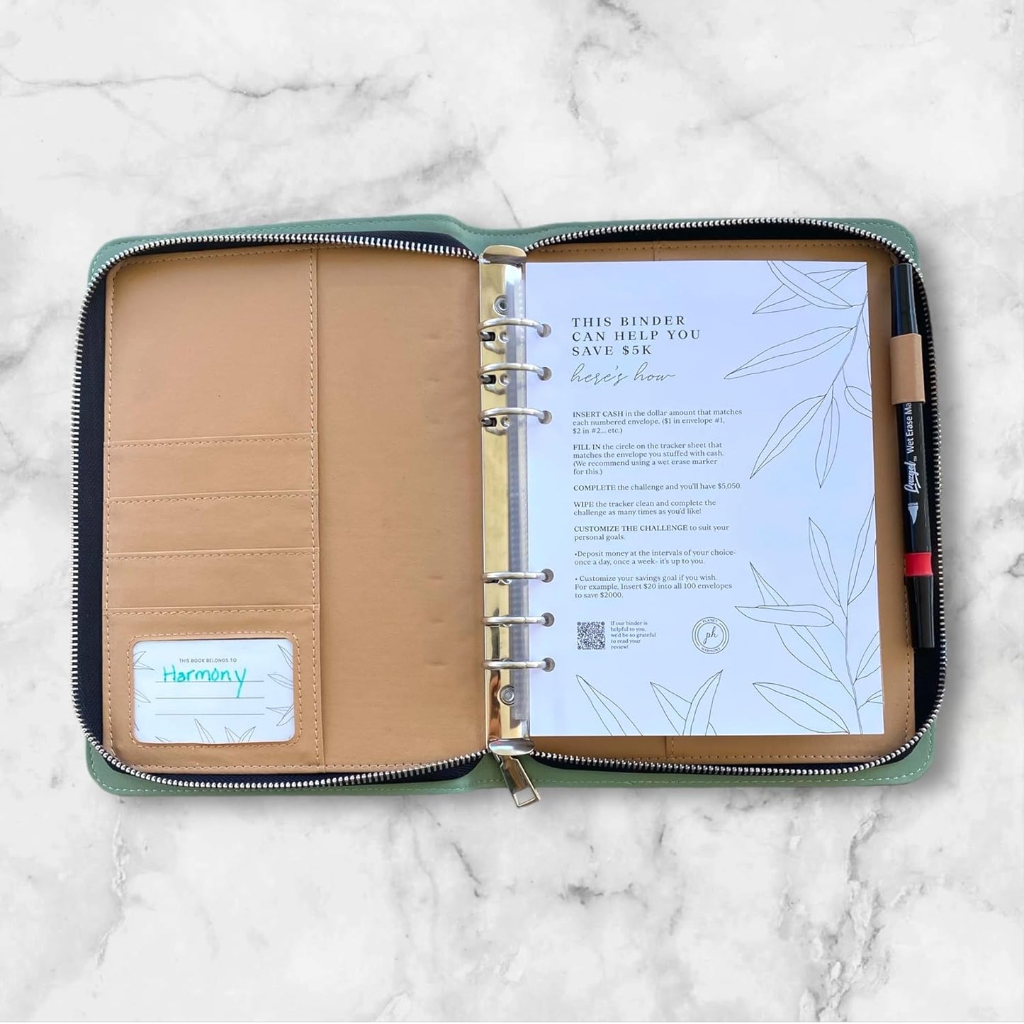 100 Envelopes Money Saving Challenge Binder - High-End, Challenge to save $5,050- A5 Savings Binder with 100 Cash Envelopes, Plant-Based Leather, Secure Zippered Cash Envelope Binder