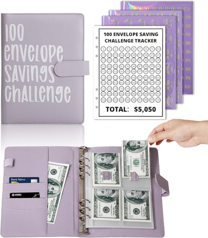 100 Envelopes Money Saving Challenge, Budget Binder with Cash Envelopes Easy and Fun Way to save $5050, Savings Challenges Book with Envelopes for Office,Home,School, Purple