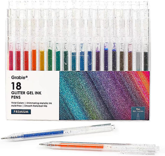 Glitter Gel Pens 18 Colors,Metallic Vibrant Sparkle Gel Pens for Coloring,Retractable Sparkle Glitter Markers,Glitter Pens for Adults,Colored Gel Pens for Adult Coloring Books and Drawing