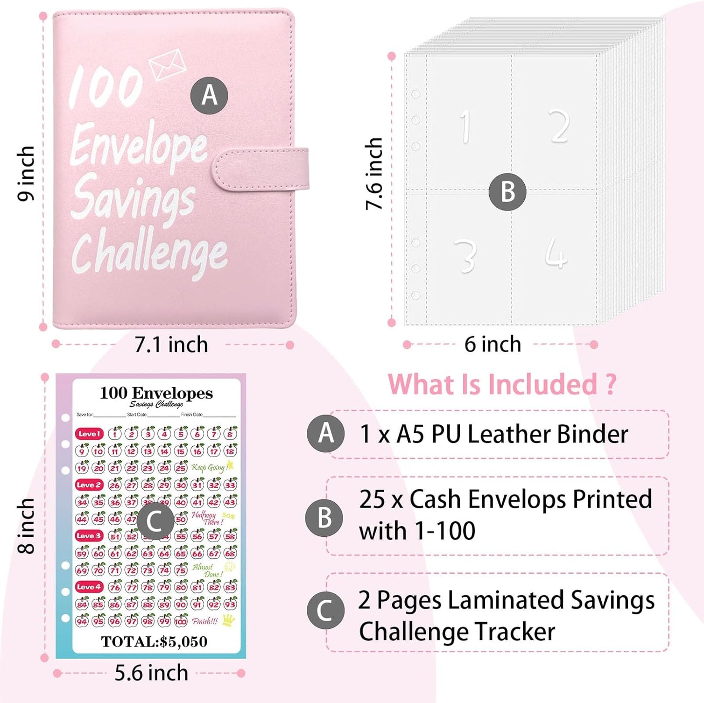 100 Envelopes Money Saving Challenge Binder, A5 Money Saving Budget Binder with Cash Envelopes, Savings Challenge Planner Book, Easy and Fun Way to save $5,050 (Pink)