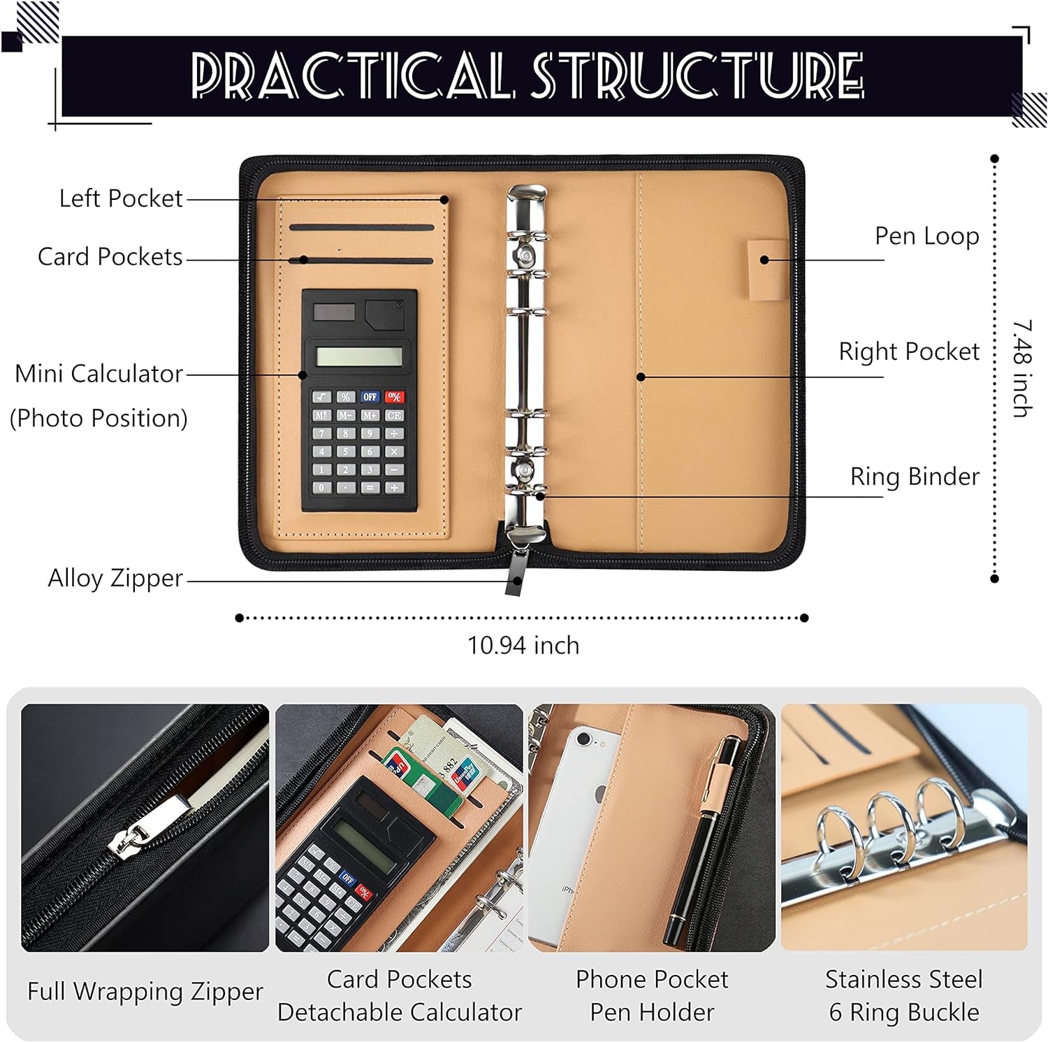 Budget Binder with Zipper Envelopes, Cash Envelopes for Budgeting, A6 PU Leather Budget Planner 2025 with Cash Envelopes Calculator, Bill Money Organizer for Cash Saving Budget System Wallet