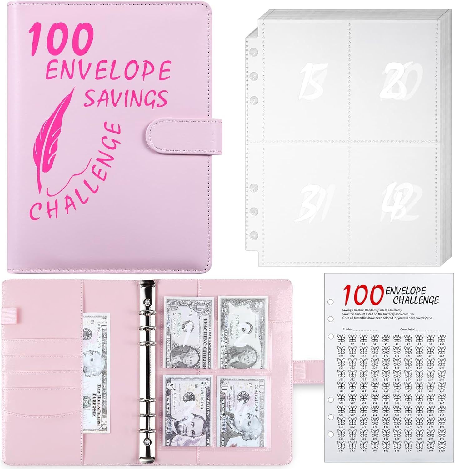 100 Envelope Challenge Binder, 25 Sheets Silkscreen Numbers to 100, Not Stickers, Reusable Tracker, Easy and Fun 100 Envelopes Money Saving Challenge save $5050, Budget Planner & Saving Money (Pink)