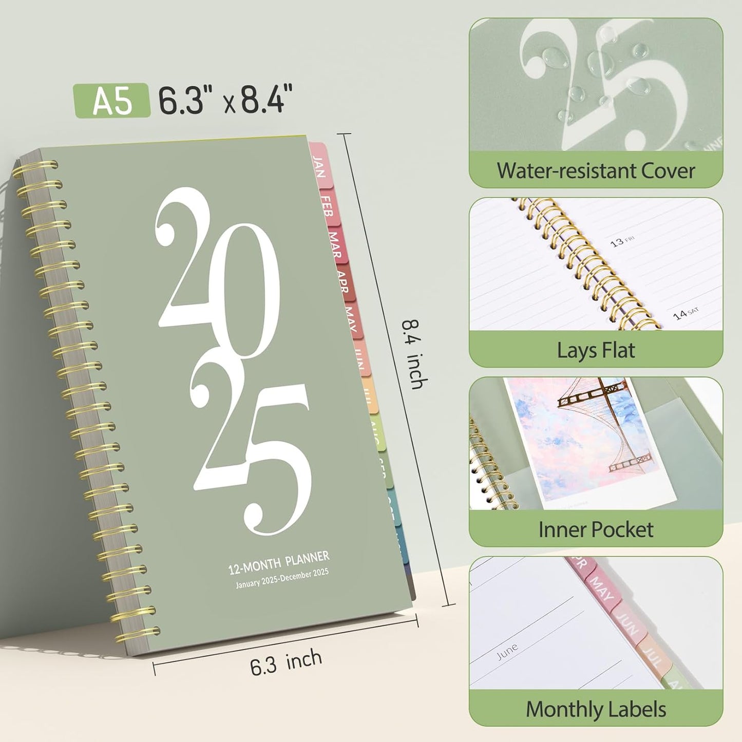 2025 Planner Weekly and Monthly, Jan - Dec 2025, Aesthetic Agenda Book Planner for Women, 8.3”X 6”Calender Planner with Spiral Bound, Month Tab, Flexible Cover for School, Office (A5,Green)