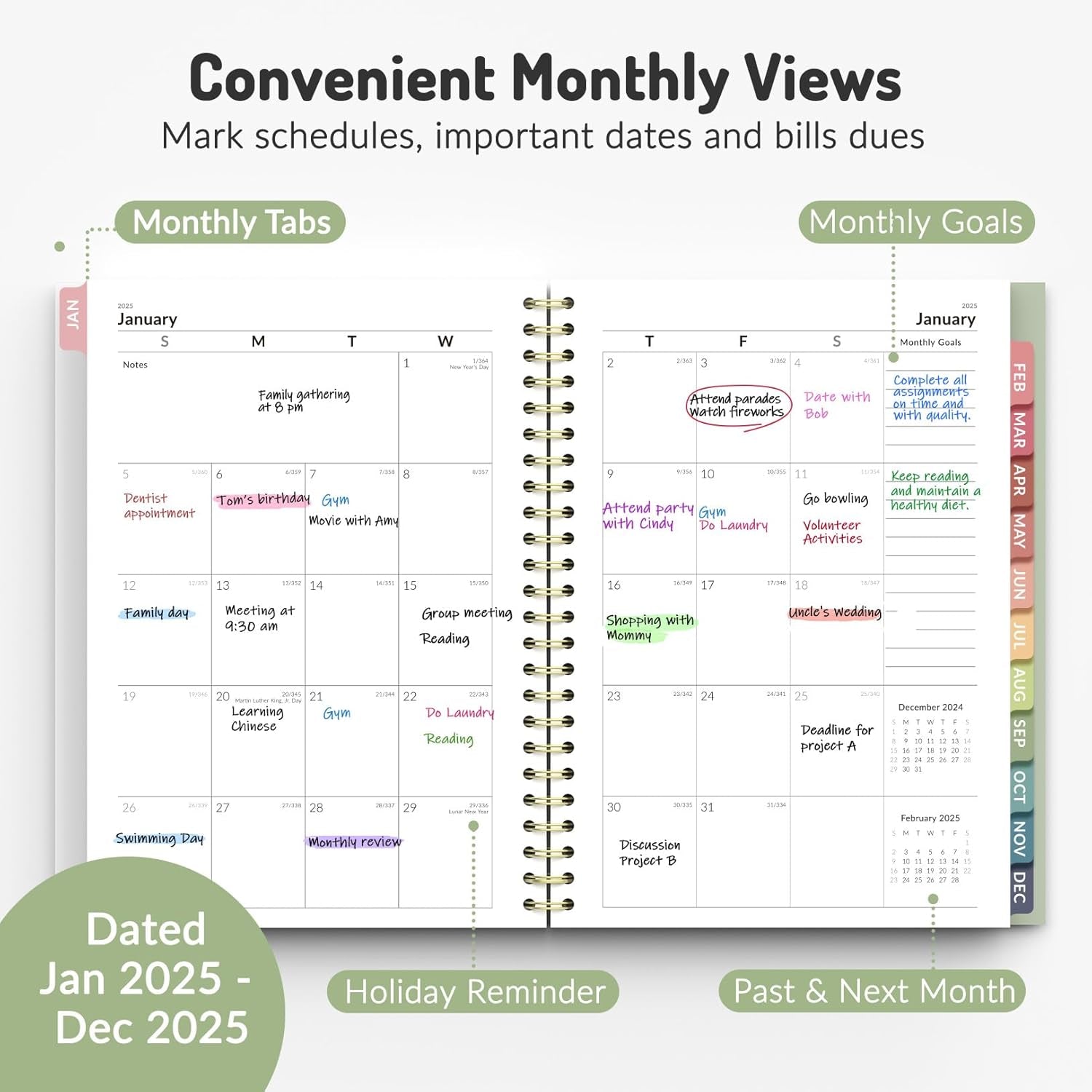 2025 Planner Weekly and Monthly, Jan - Dec 2025, Aesthetic Agenda Book Planner for Women, 8.3”X 6”Calender Planner with Spiral Bound, Month Tab, Flexible Cover for School, Office (A5,Green)