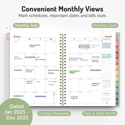 2025 Planner Weekly and Monthly, Jan - Dec 2025, Aesthetic Agenda Book Planner for Women, 8.3”X 6”Calender Planner with Spiral Bound, Month Tab, Flexible Cover for School, Office (A5,Green)