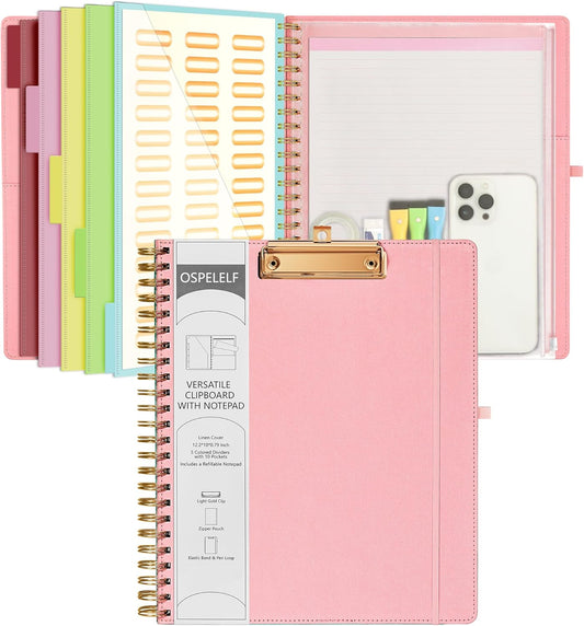 Pink Foldable Spiral Clipboard Folio with Storage Zipper Pouch, 5 Plastic Folders with 10 Pockets,Refillable Lined Notepad (11" X 8.5"), Hardcover Project Organizer with 39 Stickers