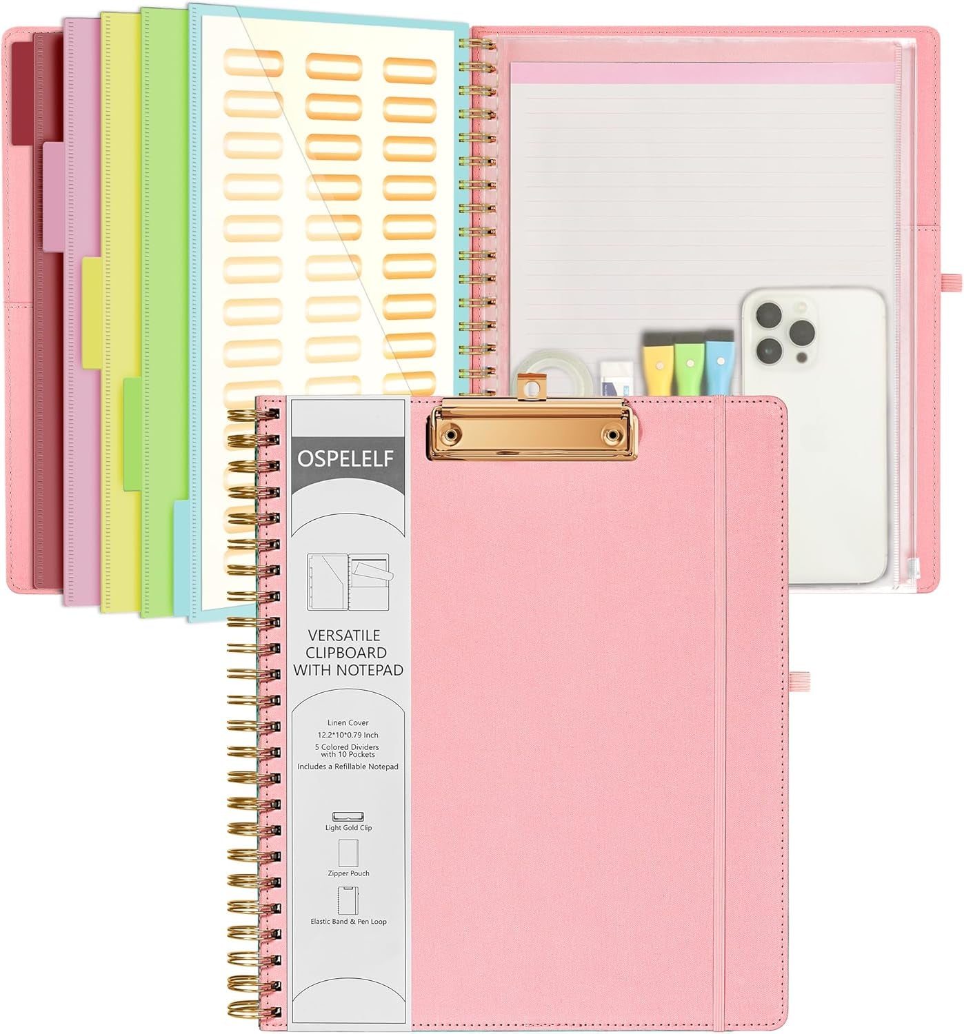 Pink Foldable Spiral Clipboard Folio with Storage Zipper Pouch, 5 Plastic Folders with 10 Pockets,Refillable Lined Notepad (11" X 8.5"), Hardcover Project Organizer with 39 Stickers