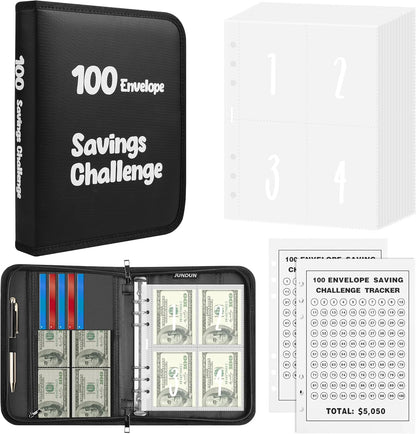 100 Envelopes Money Saving Challenge，Fireproof Savings Challenges Book with Envelopes,Saving Challenge Binder with Zipper,Easy and Fun Way to save $5,050