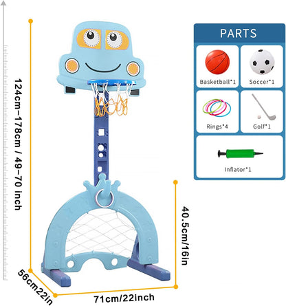 4-In-1 Toddler Basketball Hoop, Adjustable Height Kids Basketball Hoop with Soccer Goal Ring Toss Golf Play Set, Basketball Hoop for Kids Indoor Outdoor Sports