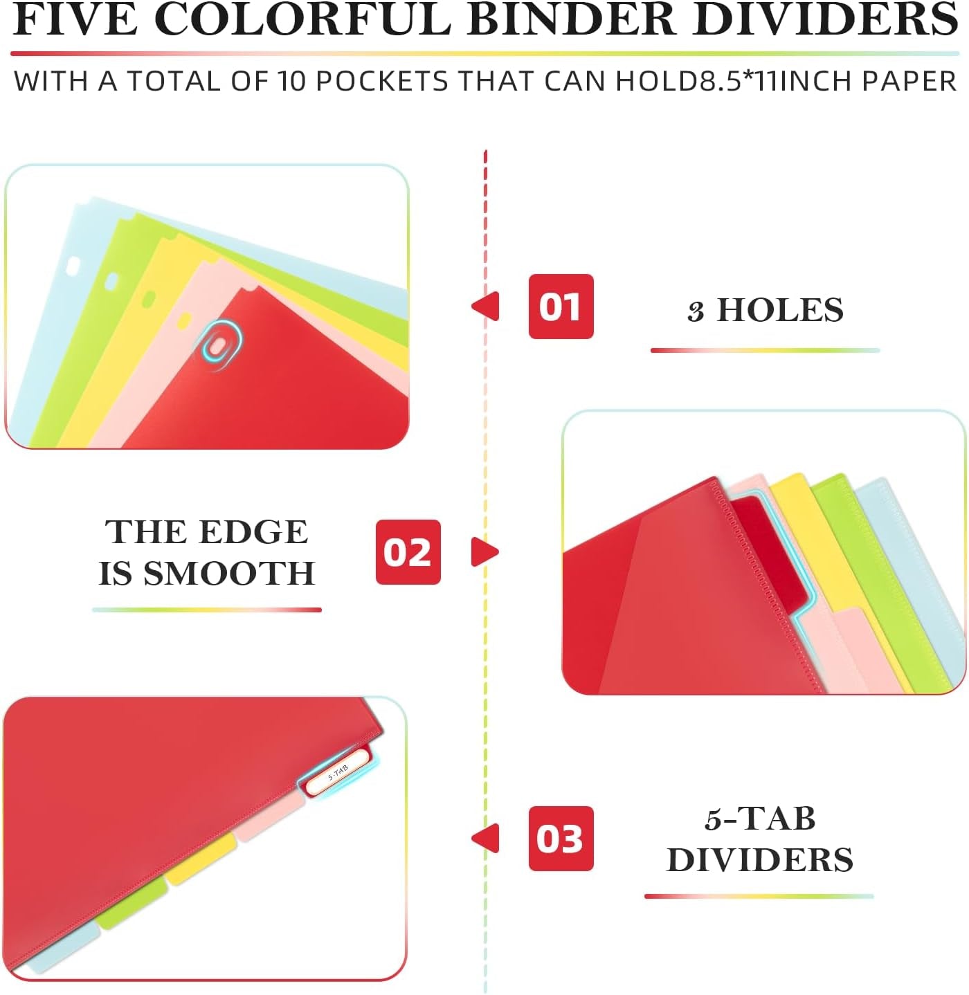 Binder Dividers with Tabs，Dividers for 3 Ring Binder，5 Tab with Double Pocket(8.5" * 11")