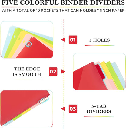 Binder Dividers with Tabs，Dividers for 3 Ring Binder，5 Tab with Double Pocket(8.5" * 11")