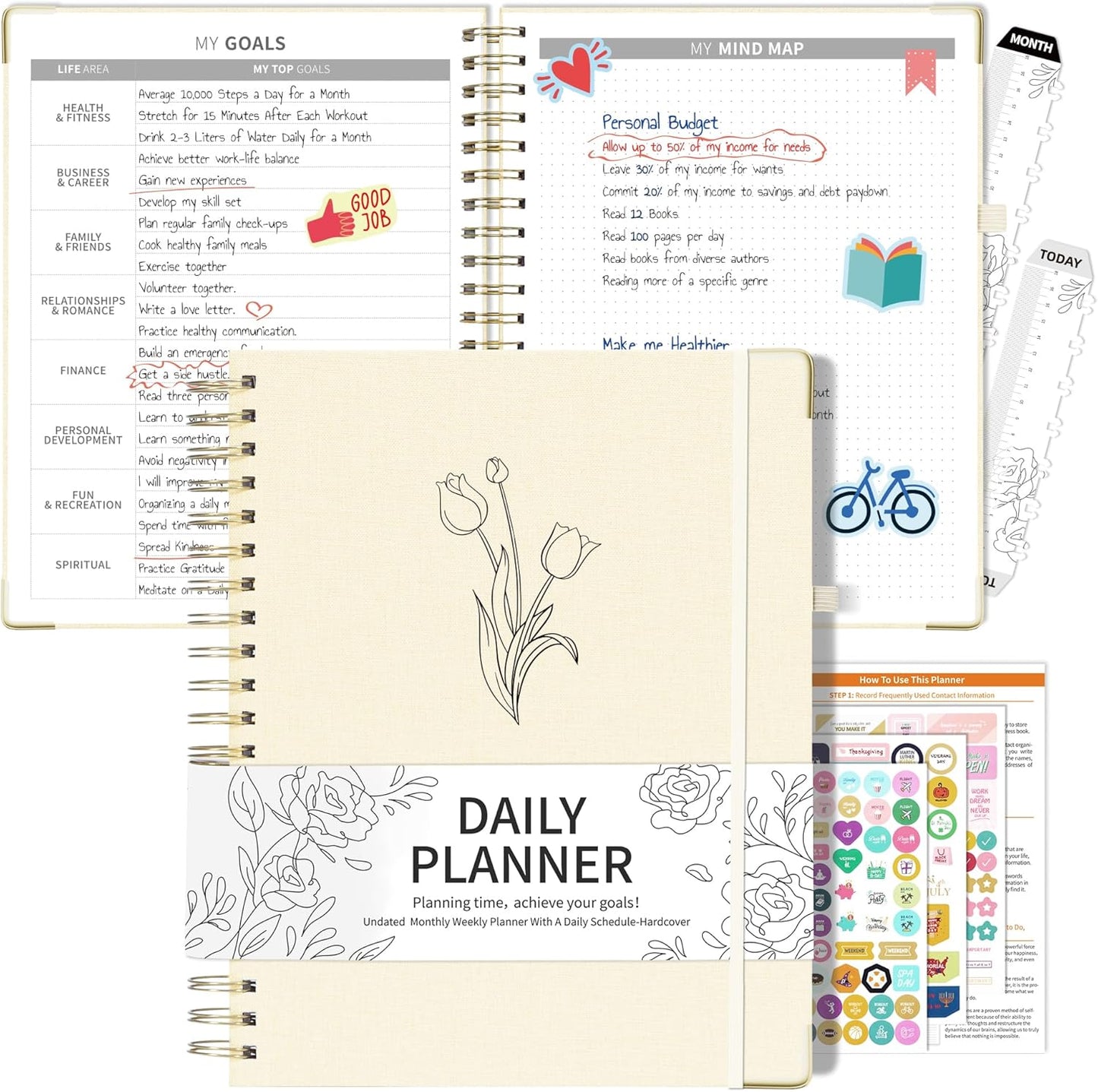 Undated Daily Planner 2024-2025 Spiral Bound, 8.5 X 11 Weekly Monthly Life Planner, A4 Linen Hardcover Organizer Planner with Stickers, Beige