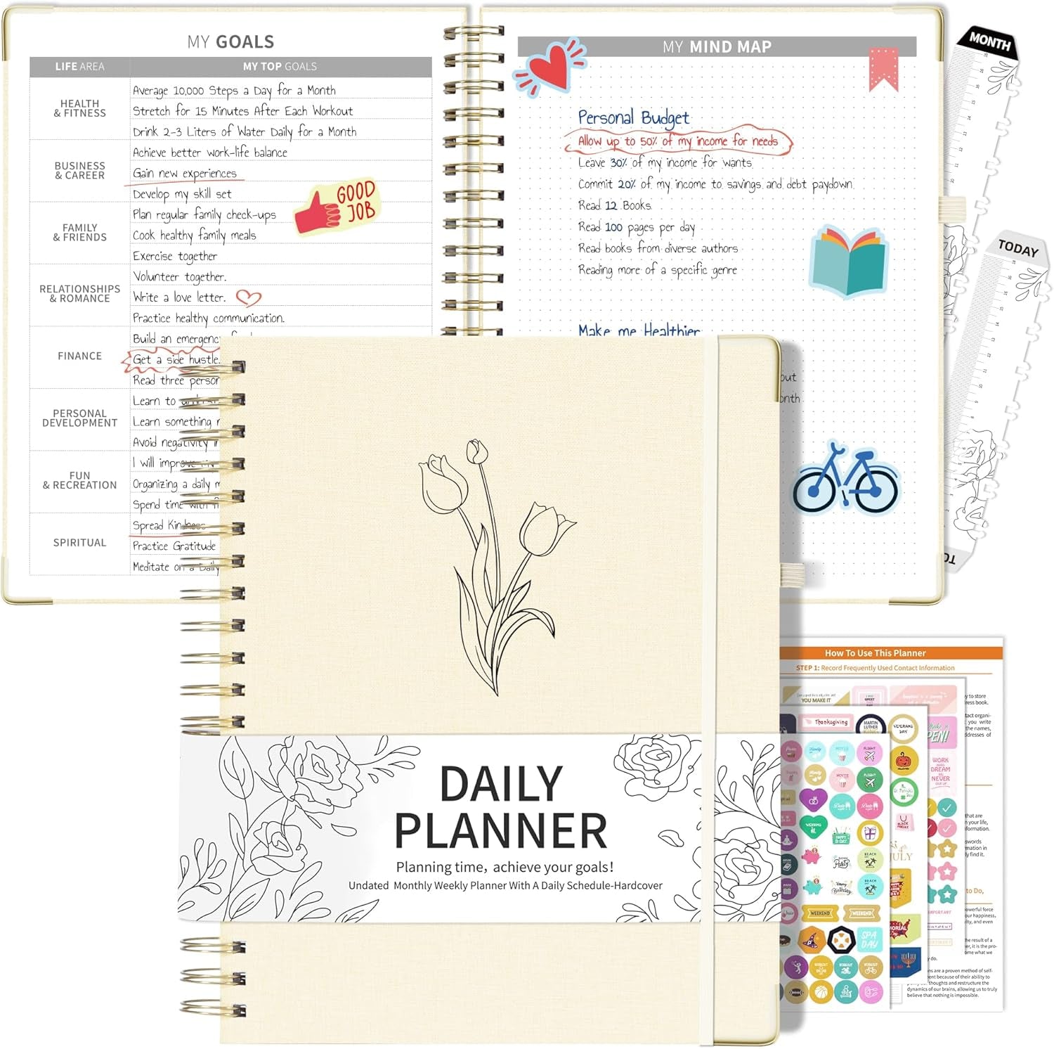 Undated Daily Planner 2024-2025 Spiral Bound, 8.5 X 11 Weekly Monthly Life Planner, A4 Linen Hardcover Organizer Planner with Stickers, Beige