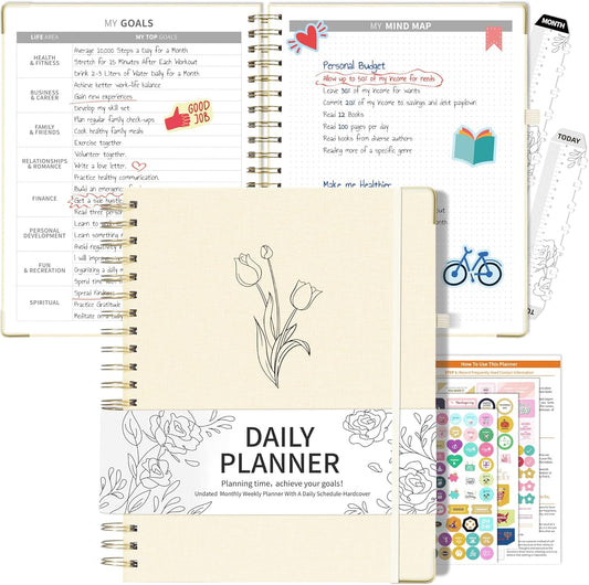 Undated Daily Planner 2024-2025 Spiral Bound, 8.5 X 11 Weekly Monthly Life Planner, A4 Linen Hardcover Organizer Planner with Stickers, Beige