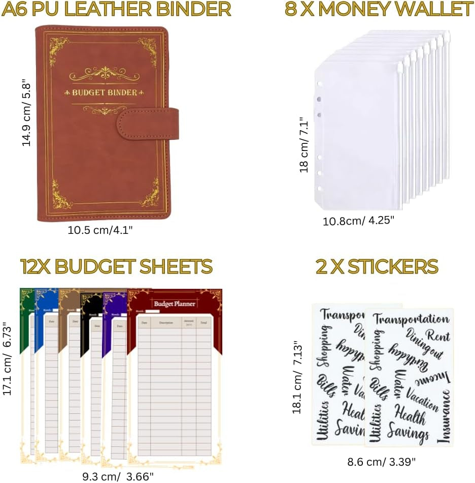 A6 PU Leather Budget Binder with Zipper Cash Envelopes, Expense Sheets & Category Labels| Money Saving Binder & Money Organizer for Cash Budgeting & Saving Money| Cash Envelope Wallet