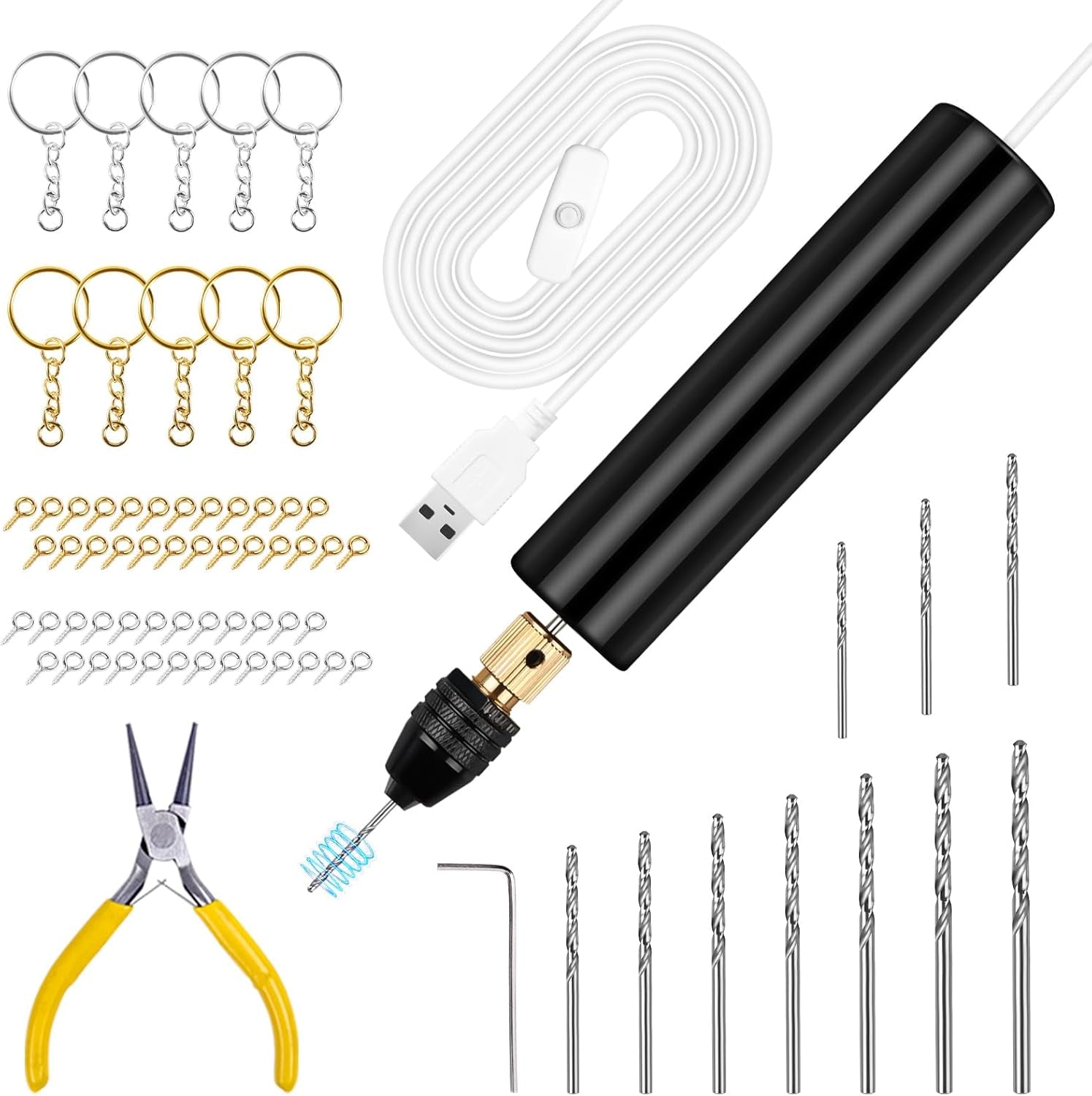 Electric Resin Drill, 74Pcs Hand Drill Supplies with 3-Jaw Clamp-Applicable to a Larger Drilling Range (0-3Mm), Grip Nose Pliers, Keychain Making Kit, Tools for Resin Art