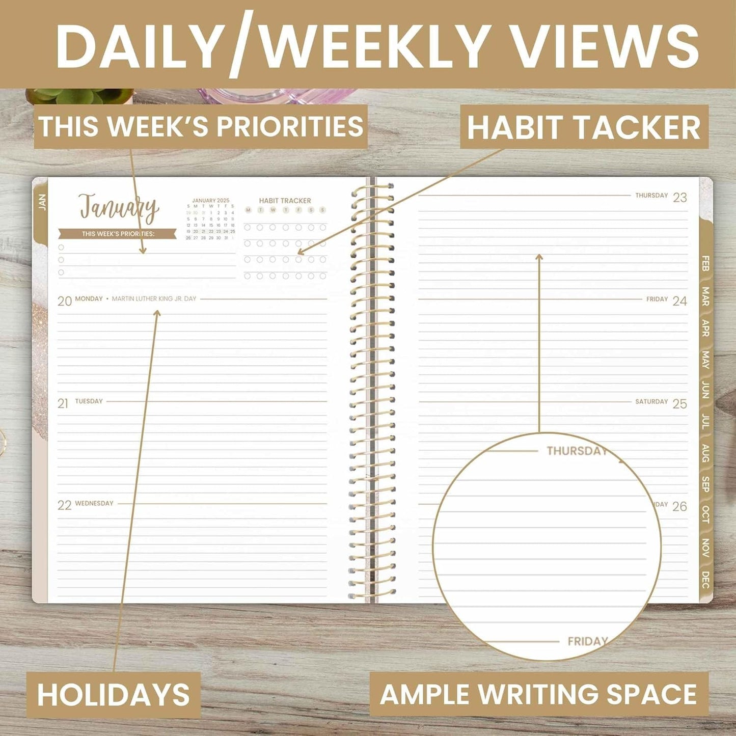 2025 (8.5" X 11") Calendar Year Day Planner (January 2025 - December 2025) - Weekly Monthly Dated Agenda Organizer with Stickers & Tabs - Brushed Beige