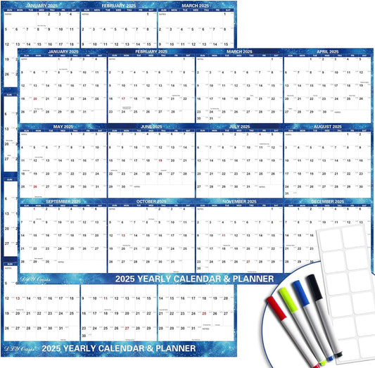 32" X 48" 2025 Wall Calendar Dry Erase - Large Blue Starry Sky Calendar Wet & Dry Erasable Laminated 12 Month Annual Yearly Planner, Reversible, Horizontal/Vertical (2025 Wall Calendar)