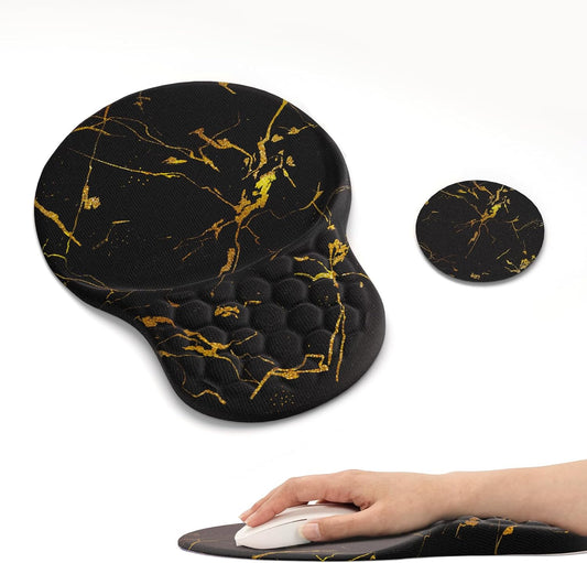 Comfortable Mouse Pad with Wrist Rest, Computer Small Mouse Pad Ergonomic Gaming Mouse Pad with Support, Memory Foam, Non-Slip PU Base for School and Office Supply, Black Gold