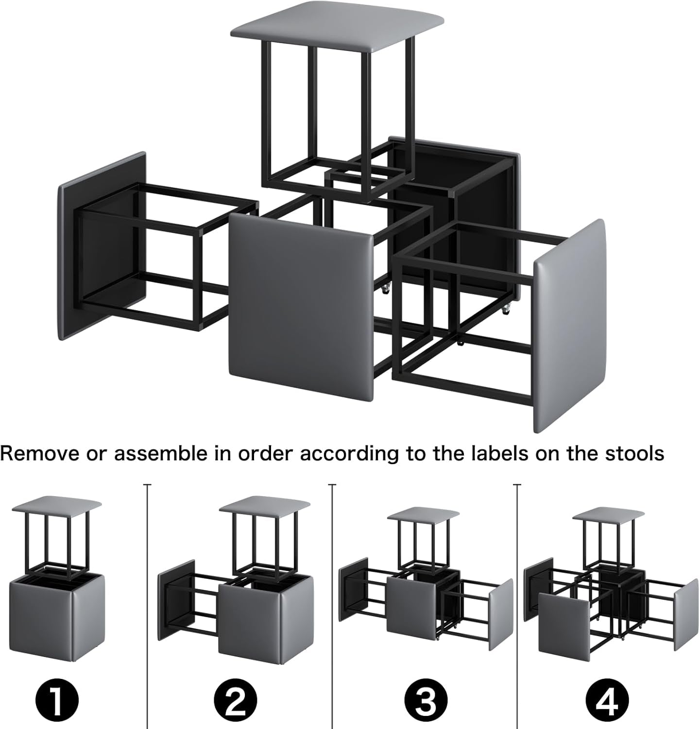 5-Piece Makeup Stool with Wheels, PU Leather Footrest Stool Ottoman Seat Vanity Stool, 5 in 1 Metal Frame Foot Rest Ottoman for Living Room, Bedroom, Dark Grey