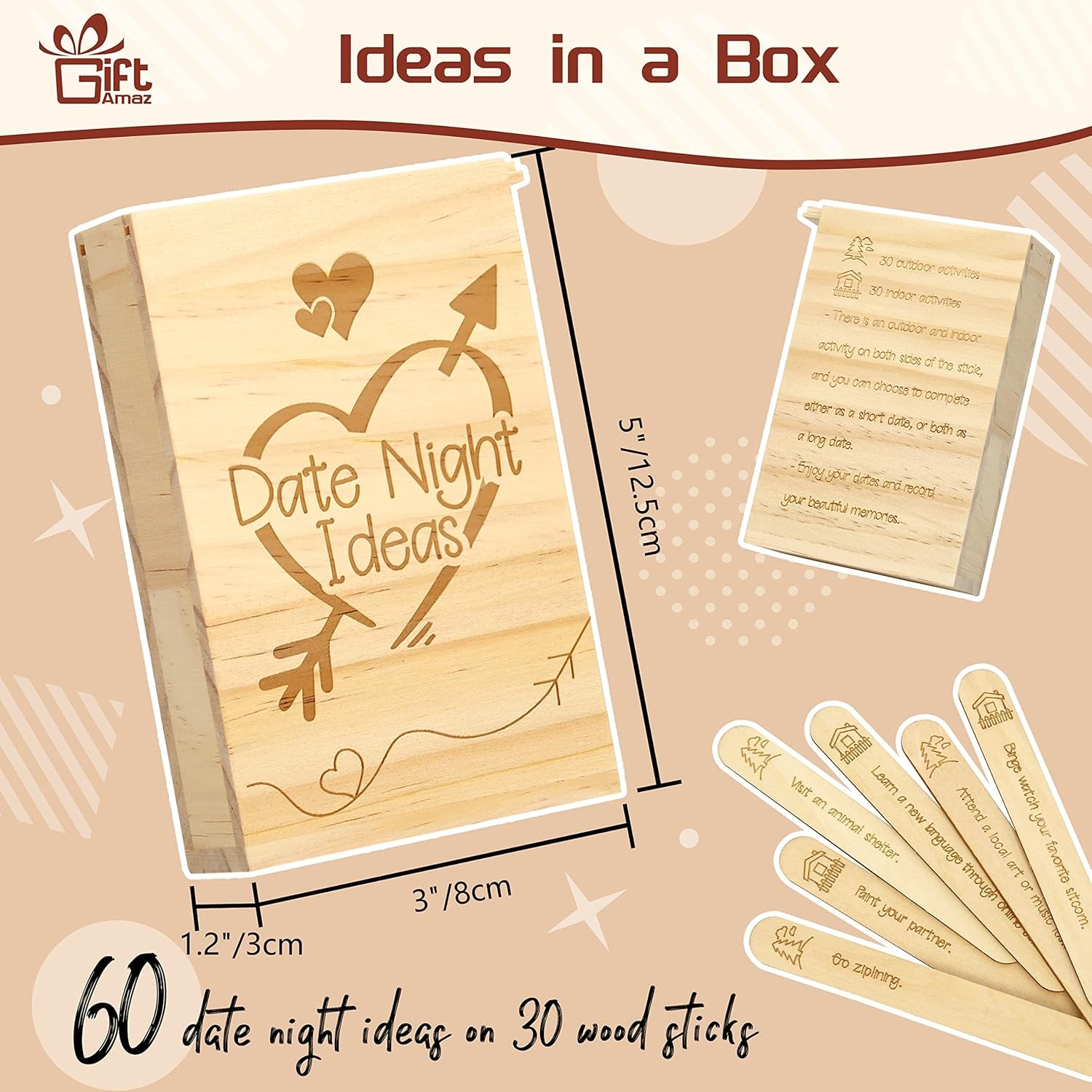 60 Date Night Ideas for Couples - Couples Games Wooden Date Idea Box for Couples Activities, Romantic Small Wedding Gifts for Couples, Newlywed, Wife or Husband on 5Th Anniversary