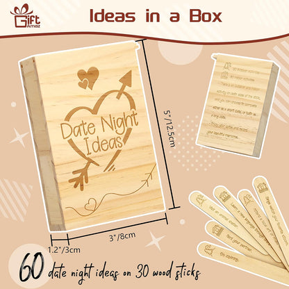 60 Date Night Ideas for Couples - Couples Games Wooden Date Idea Box for Couples Activities, Romantic Small Wedding Gifts for Couples, Newlywed, Wife or Husband on 5Th Anniversary