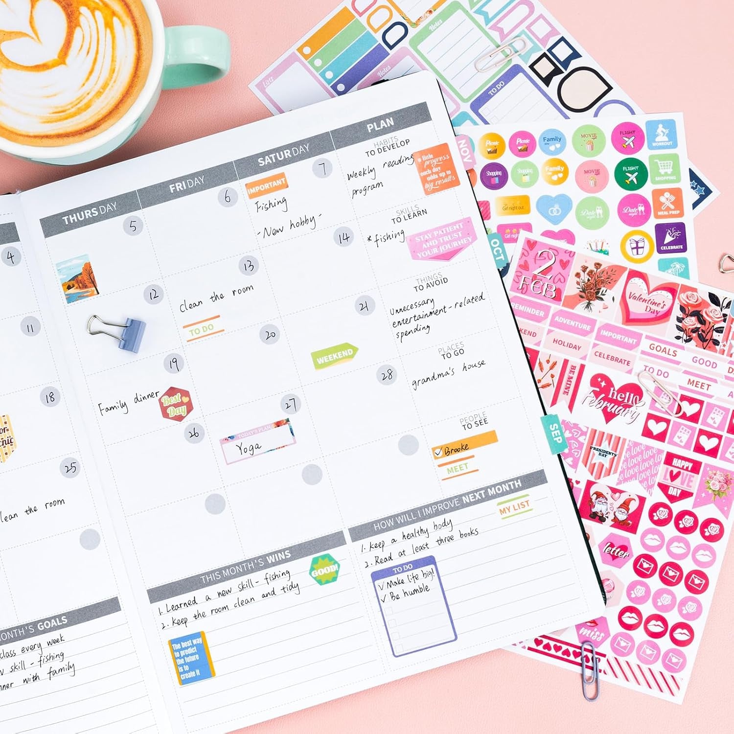 Planner Stickers, 18 Sheets Monthly Calendar Sticker Pack, Inspirational Motivational Quotes Festivals Label Sticker, for Decorating Organizers Scrapbooks Laptops Cups