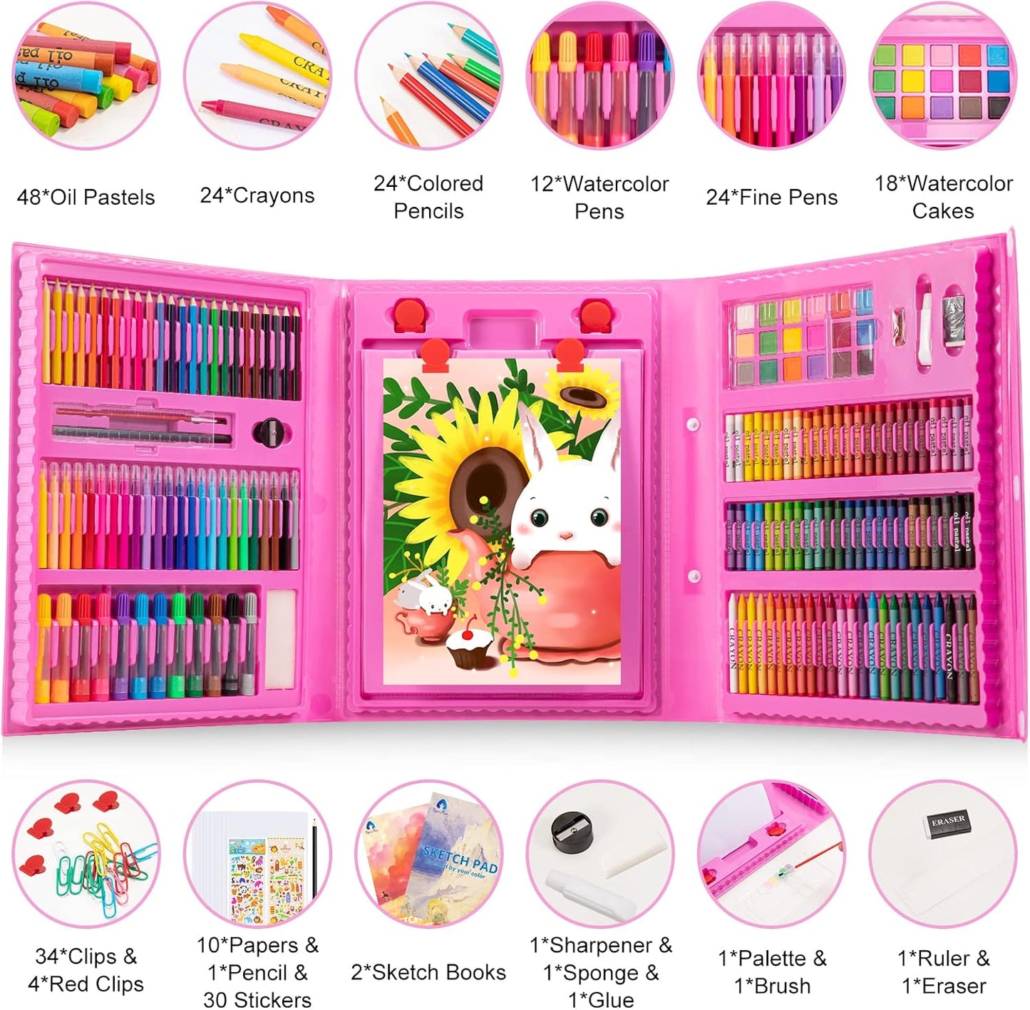 Art Supplies, 240-Piece Drawing Art Kit, Gifts for Girls Boys Teens, Art Set Crafts Case with Double Sided Trifold Easel, Includes Sketch Pads, Oil Pastels, Crayons, Colored Pencils (Pink)