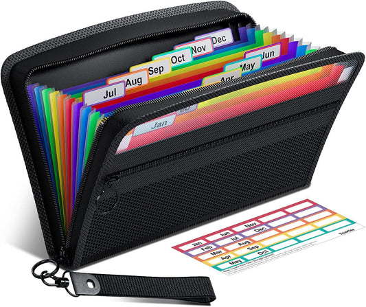 Receipt Coupon Organizer, 12 Pockets Small Accordian File Organizer, Junior Size 11X 6.6 Inches, Zipper Closure, Multi-Color Tabs