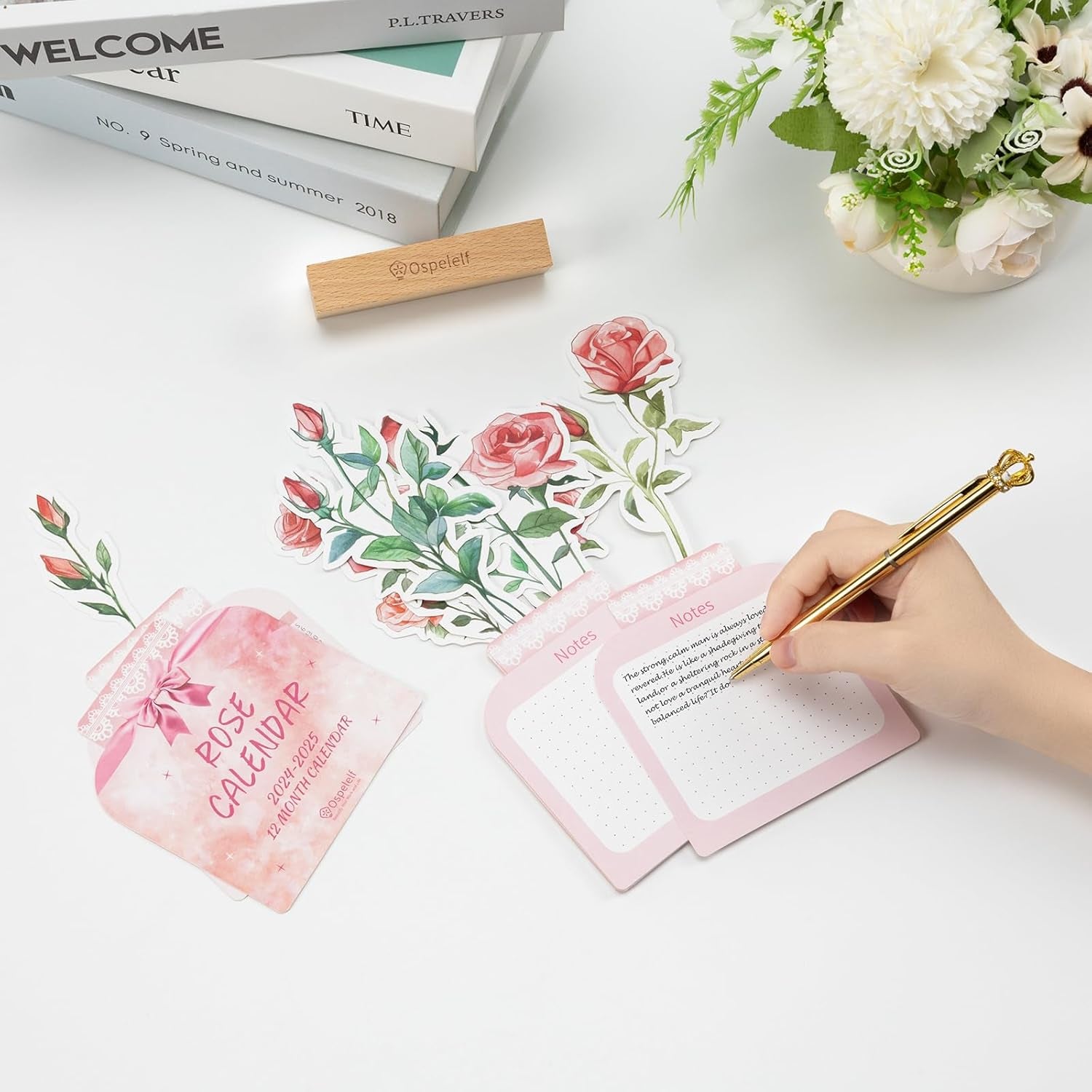 Floral Desk Calendar 2024-2025, Mini Monthly Standing Flip Motivational Rose Decorative Calendars, from July 2024 to June 2025, 12 Months, Home Office Decor Desk Accessories Pink