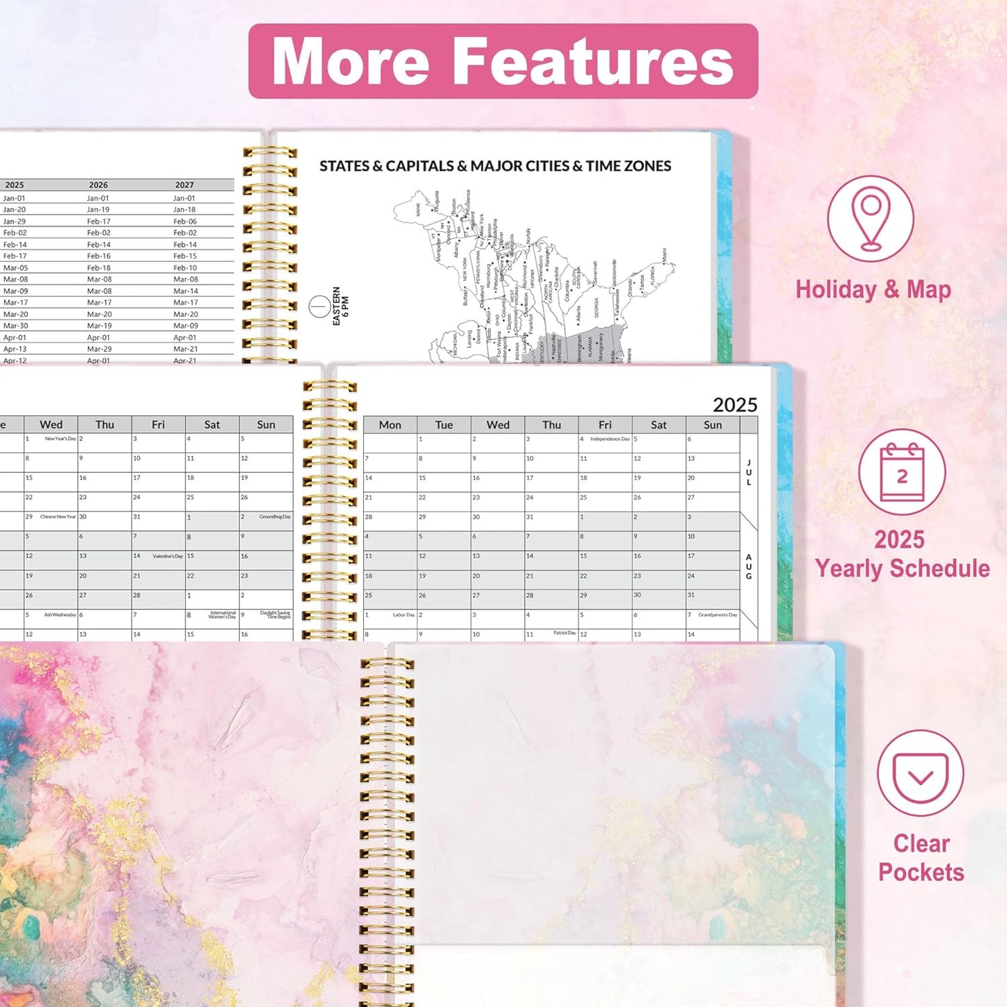 2025 Weekly and Monthly Planner - from January 2025 - December 2025, 8.5"X11" Daily Agenda Planner with Monthly Tab, Flexible Cover, Note Pages, Pockets, Bookmark, Spiral Binding, Marble