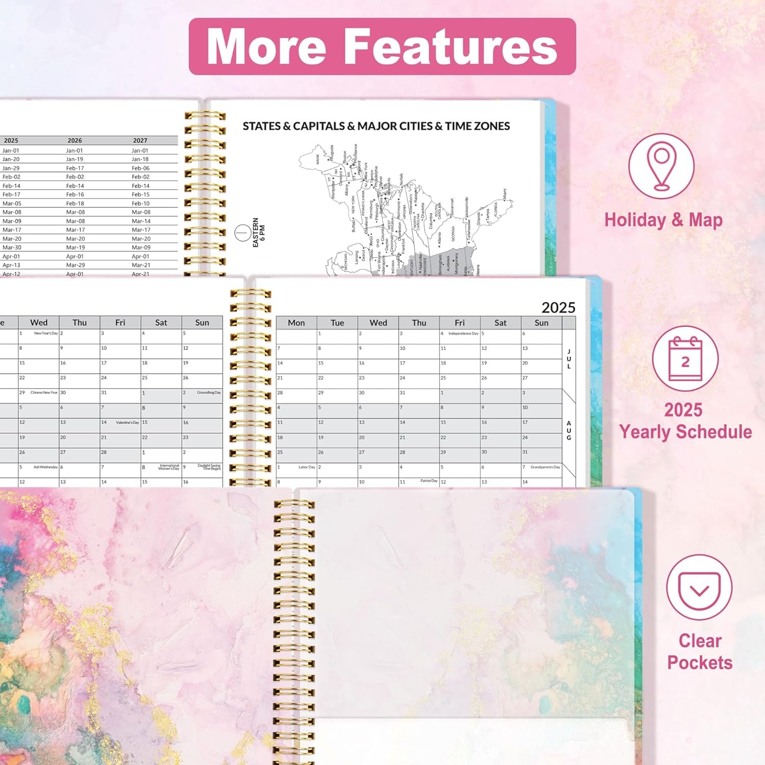 2025 Weekly and Monthly Planner - from January 2025 - December 2025, 8.5"X11" Daily Agenda Planner with Monthly Tab, Flexible Cover, Note Pages, Pockets, Bookmark, Spiral Binding, Marble