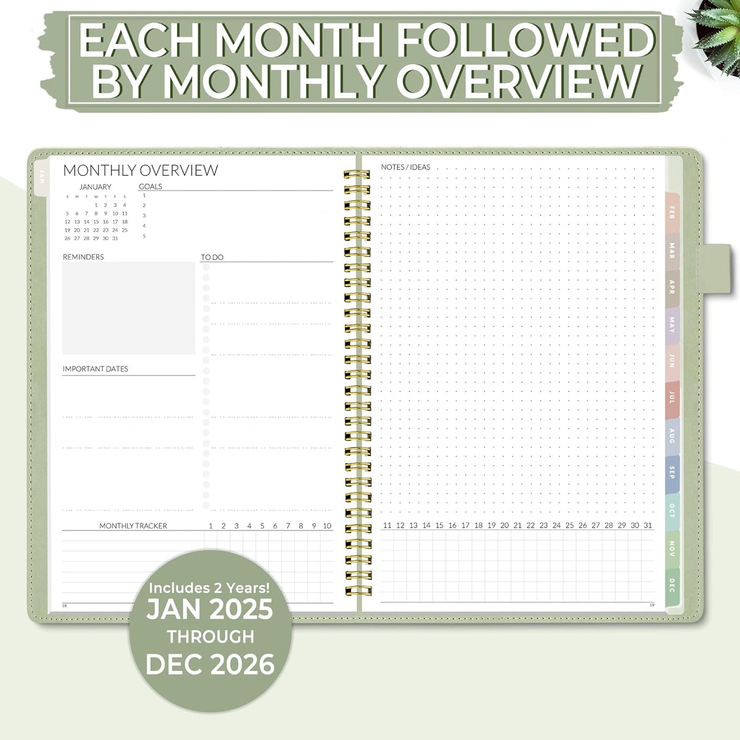 2025-2026 Monthly Planner 7.3"X10.1" - 2-Year (Jan 2025 - Dec 2026), Vegan Leather Cover Monthly Planner Year Calendar, Sage Green