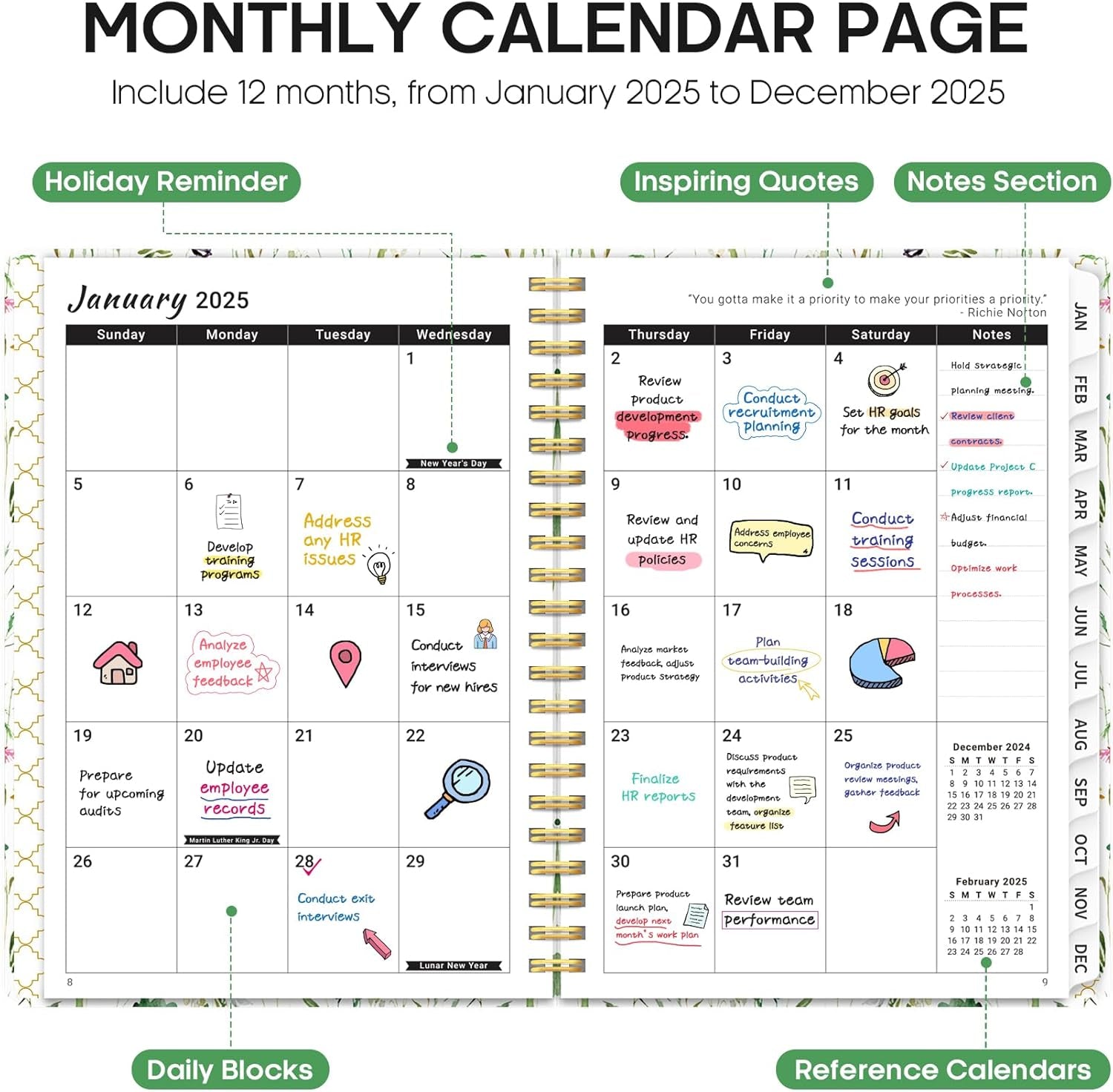 2025 Planner - Weekly and Monthly Planner, Jan 2025 to Dec 2025, Hardcover 2025 Calendar Planner Book with Monthly Tabs, Inner Pocket, Ideal for Office Home School Supplies - A5 (6.3" X 8.5"), Spring Flowers