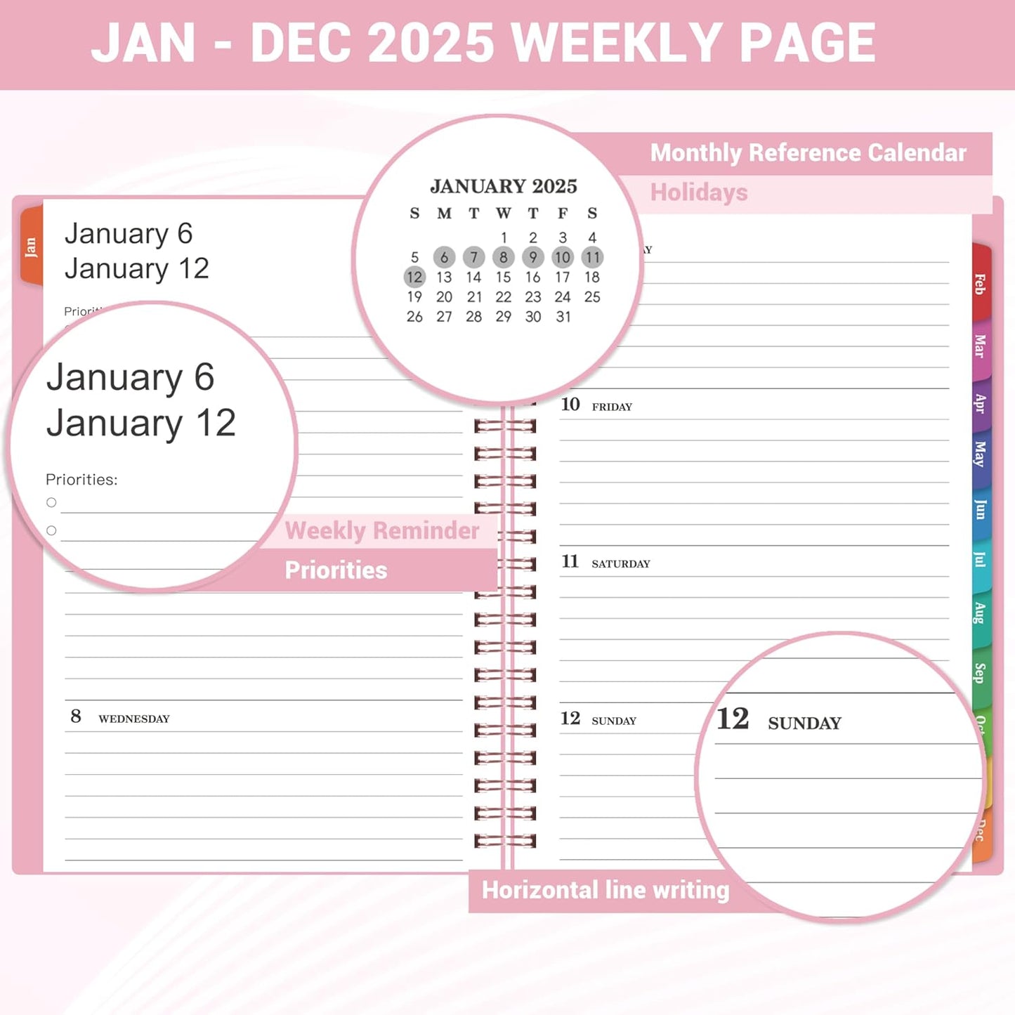 2025 Planner - Weekly Monthly Planner 2025, Calendar Planner from January 2025 to December 2025 with Spiral Bound, Inner Pocket, Colorful Tabs, 6.4'' X 8.5'' - Pink