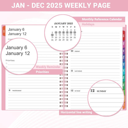 2025 Planner - Weekly Monthly Planner 2025, Calendar Planner from January 2025 to December 2025 with Spiral Bound, Inner Pocket, Colorful Tabs, 6.4'' X 8.5'' - Pink