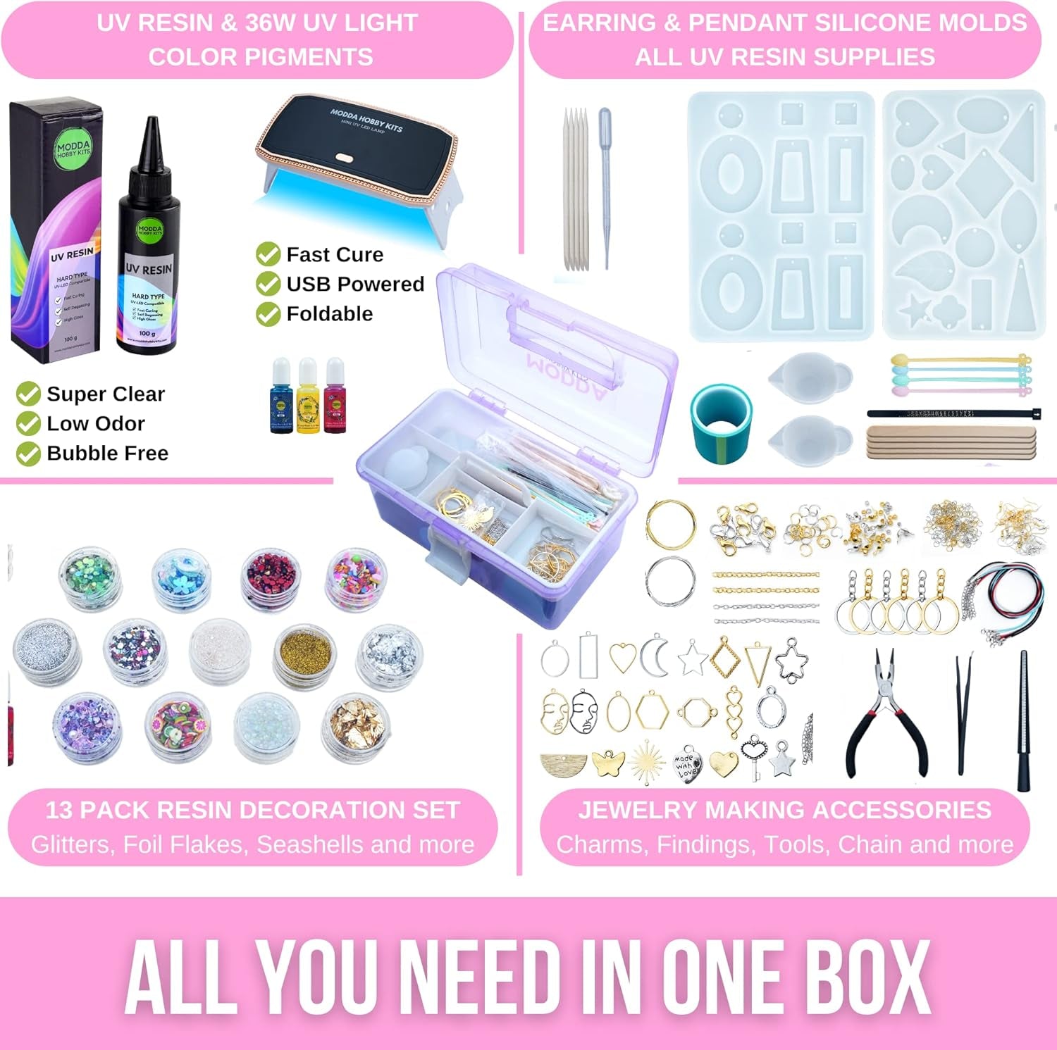 UV Resin Kit with Video Course, Resin Jewelry Making Kit for Adults, Teen Girls, Beginners, Includes UV Resin, UV Lamp, Resin Glitters, Foil Flakes, Silicone Molds for DIY Arts and Crafts