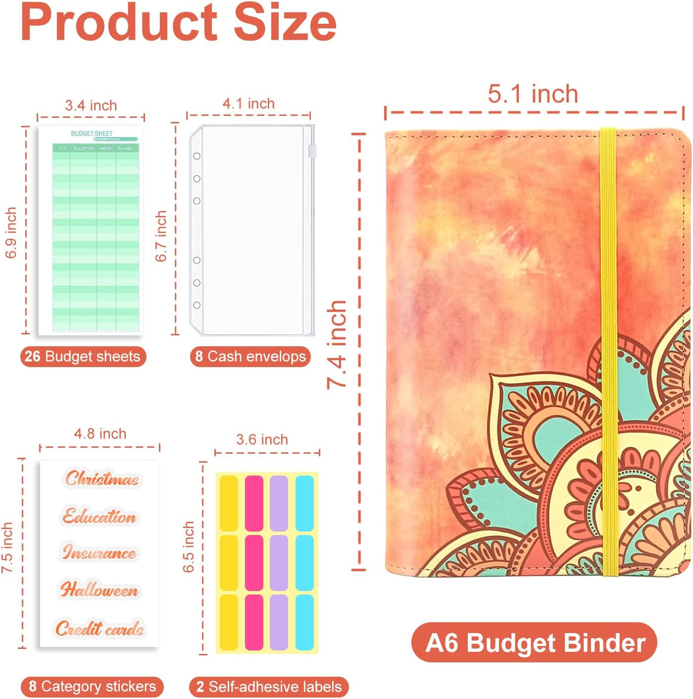 A6 Budget Binder with Zipper Envelopes, Money Bill Organizer for Cash, Money Planner with Cash Envelopes for Budgeting, Money Saving Binder(Orange Mandala)