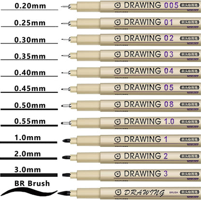 Muchcute Micro Fineliner Drawing Art Pens: 12 Black Fine Line Waterproof Ink Set Artist Supplies Archival Inking Markers Liner Sketch Outline Anime Gifts Manga Sketching Watercolor Zentangle Kit Stuff