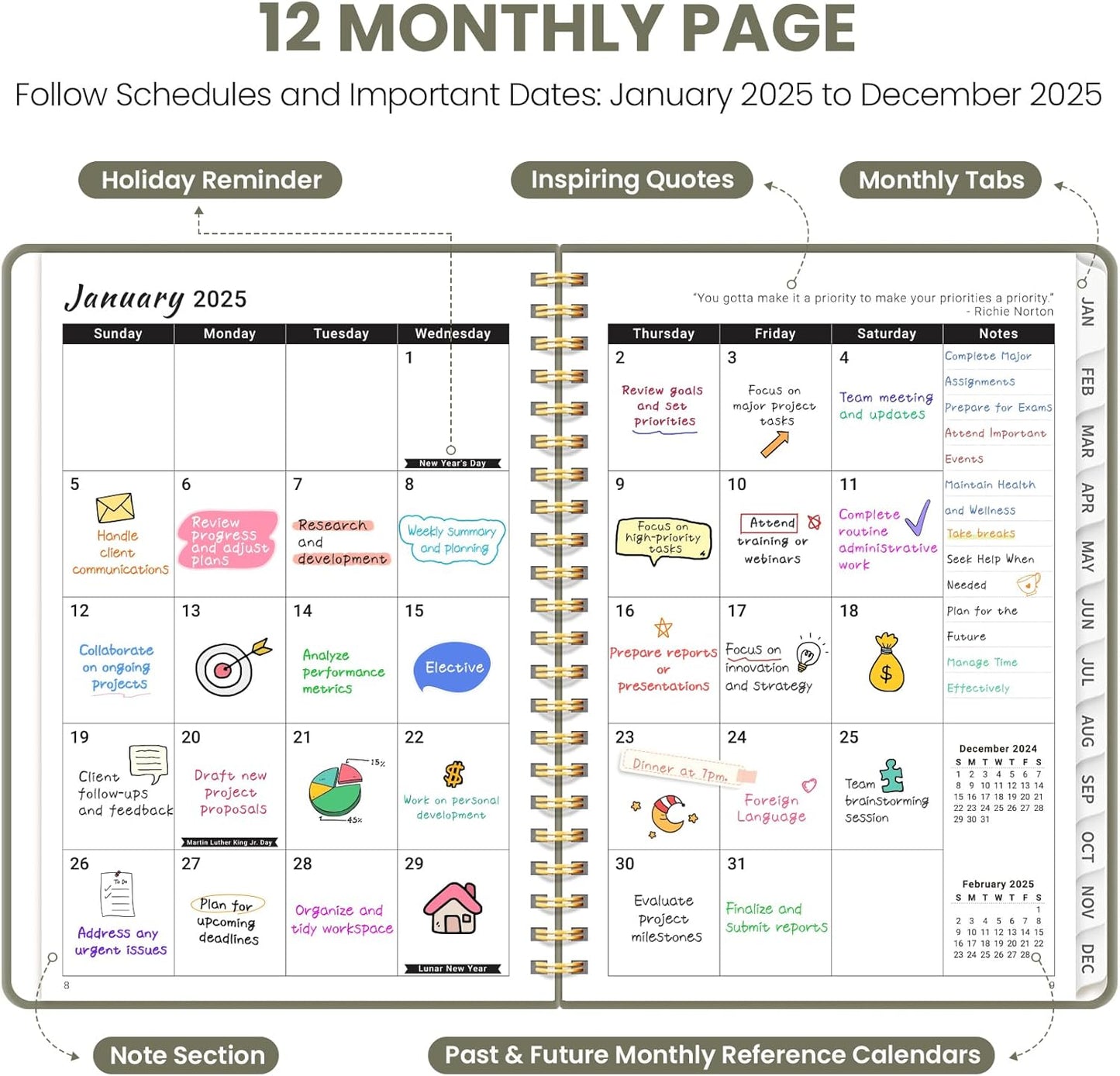 2025 Planner Weekly and Monthly, Jan 2025 - Dec 2025, Hardcover 2025 Calendar Planner Book with Monthly Tabs, Inner Pocket, Aesthetic Planner 2025 for Office Home School Planning - A5 (6.3" X 8.5"), Spiral Bound, Green