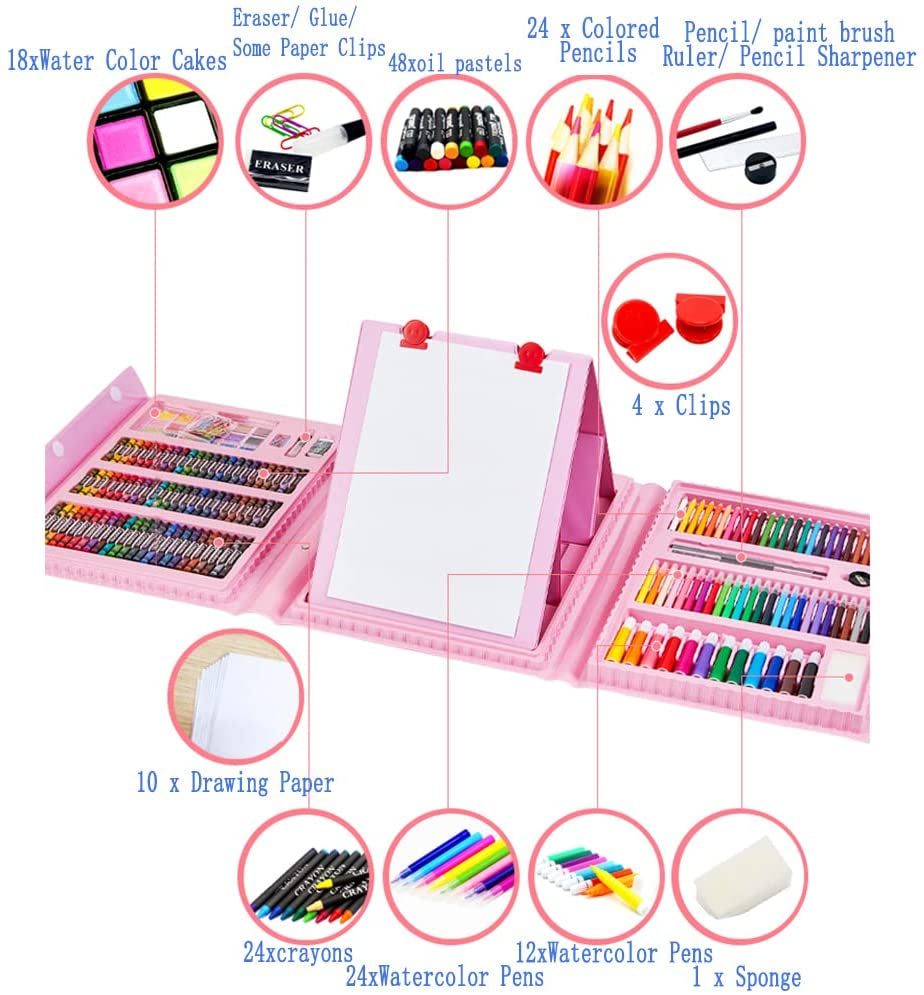 208 PCS Art Supplies, Drawing Art Kit for Kids Adults Art Set with Double Sided Trifold Easel, Oil Pastels, Crayons, Colored Pencils, Watercolor Pens Gift for Girls Boys Artist,Pink