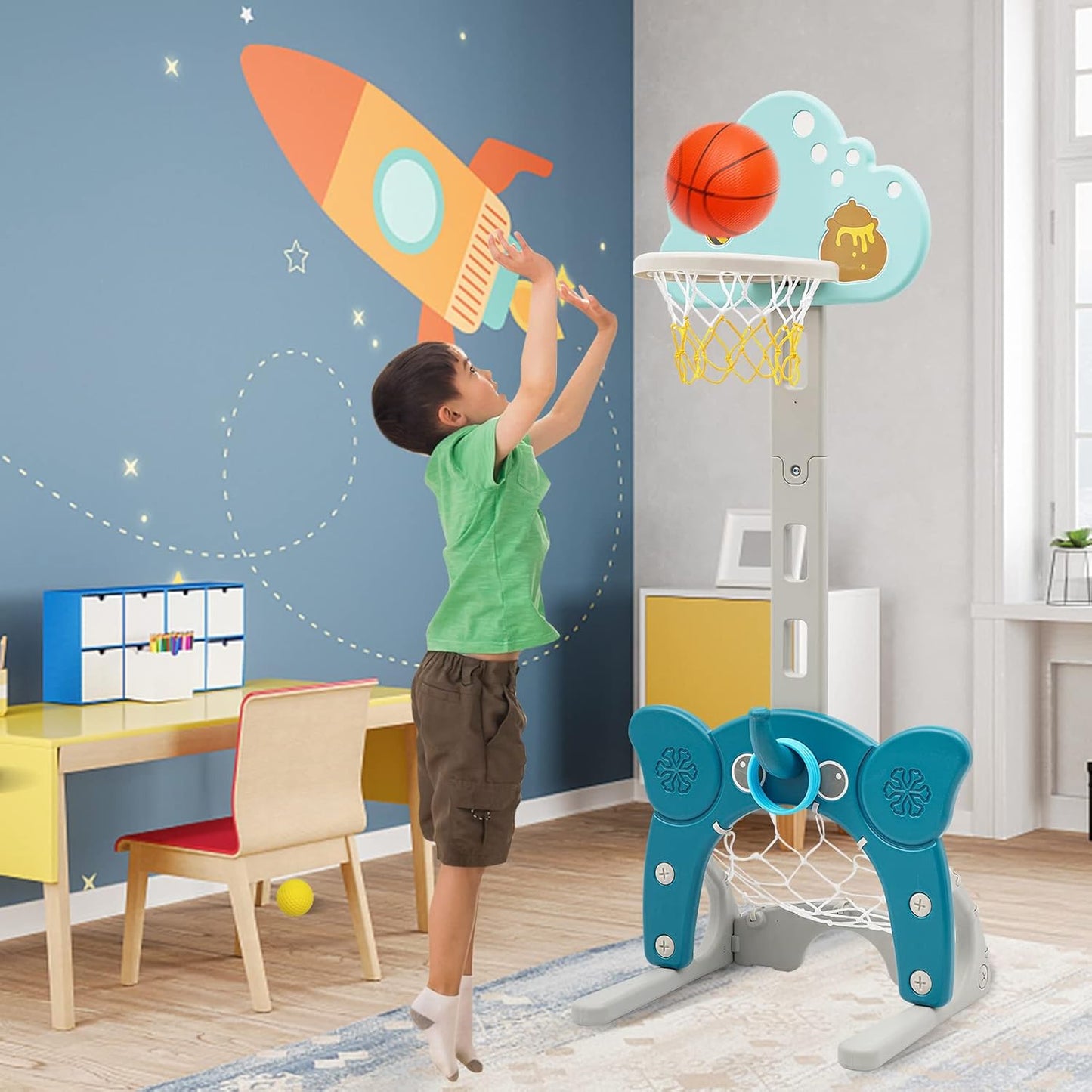 4-In-1 Toddler Basketball Hoop, Adjustable Height Kids Basketball Hoop with Soccer Goal Ring Toss Golf Play Set, Basketball Hoop for Kids Indoor Outdoor Sports Blue