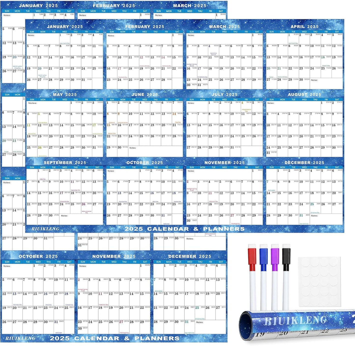 32" X 48" 2025 Wall Calendar Erasable Starry Sky, Wet & Dry Erase Large Laminated Annual Yearly Planner - 12 Month Horizontal/Vertical Calendar January to December for Easy Planning, Organizing