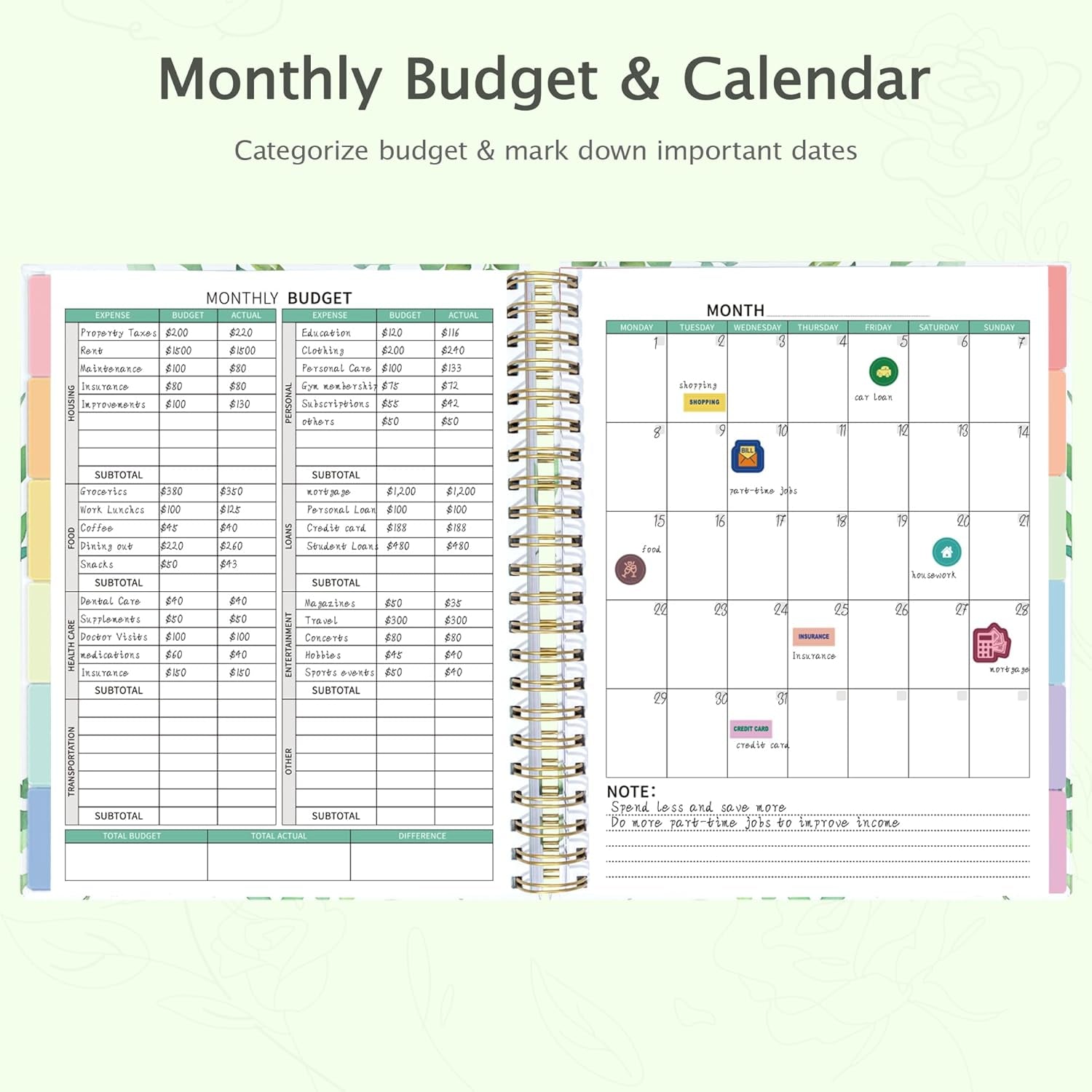 Budget Planner 2025, Spiral Budget Planner and Monthly Bill Organizer with Stickers, 8.5 X 11" Financial Planner Expense Tracker, Undated Budget Book with 12 Pockets (Green)