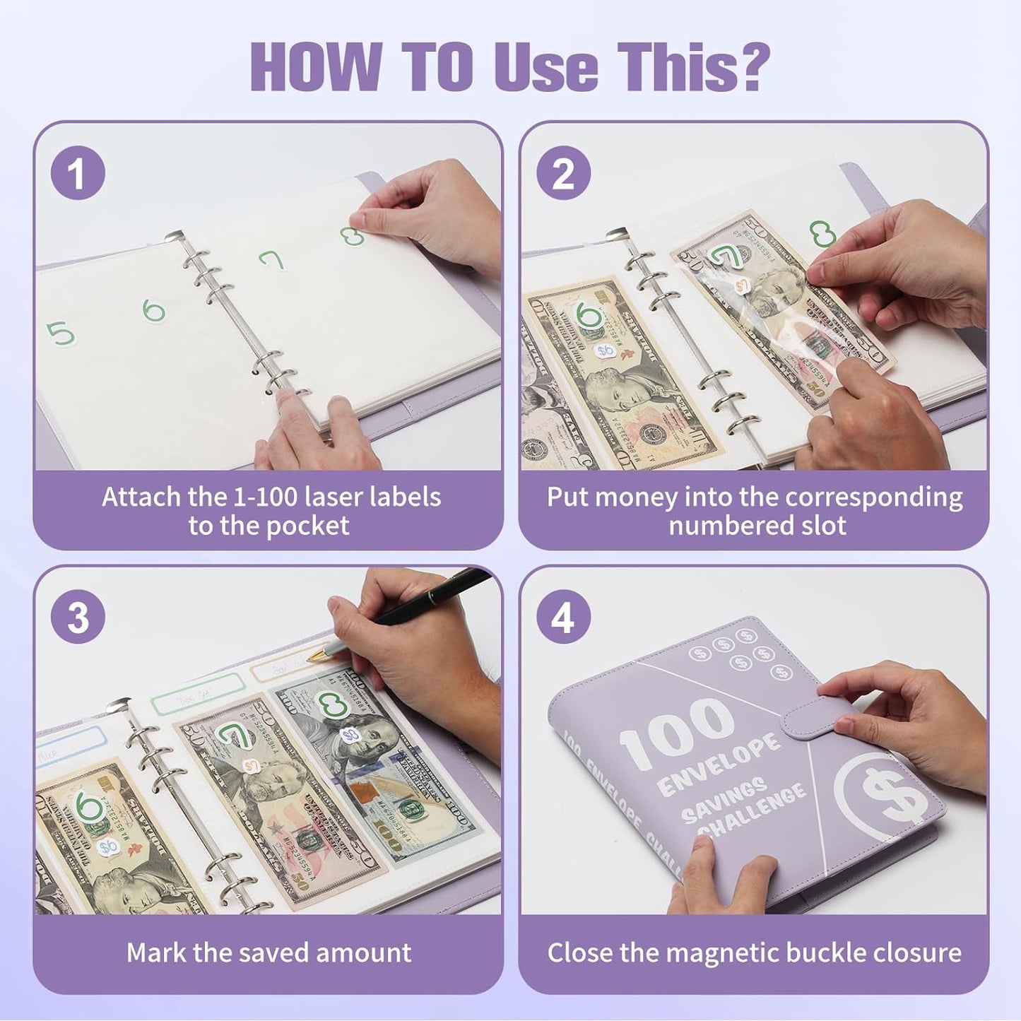 100 Envelopes Challenge Binder, Money Saving Challenge Book - Easy & Fun Way to save $5,050, Budget Binder with Cash Envelopes for Budgeting Planner & Saving Money - Purple