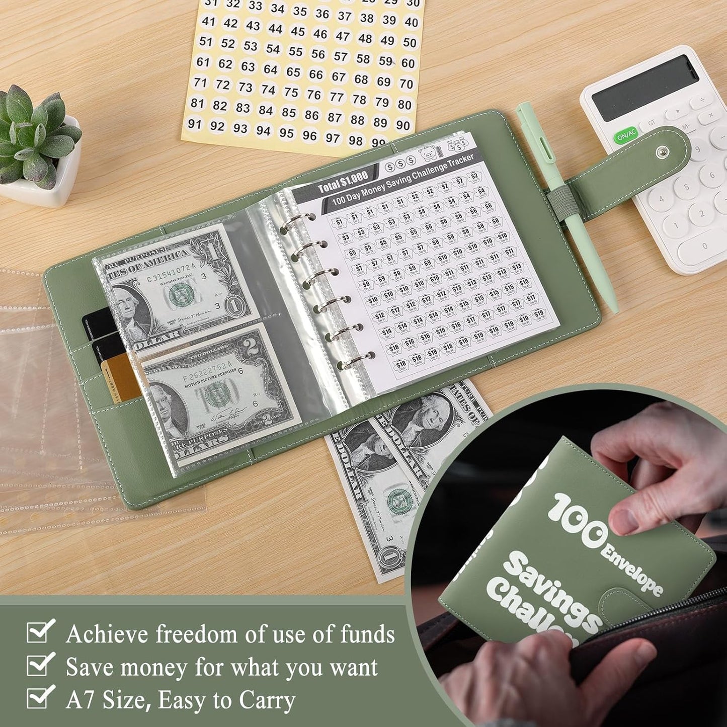 100 Envelopes Money Saving Challenge, Small 1000 Savings Challenge Binder with Cash Envelopes, Budget Binder for Budgeting and Organizing, Easy & Funny Way to save $1000, Green