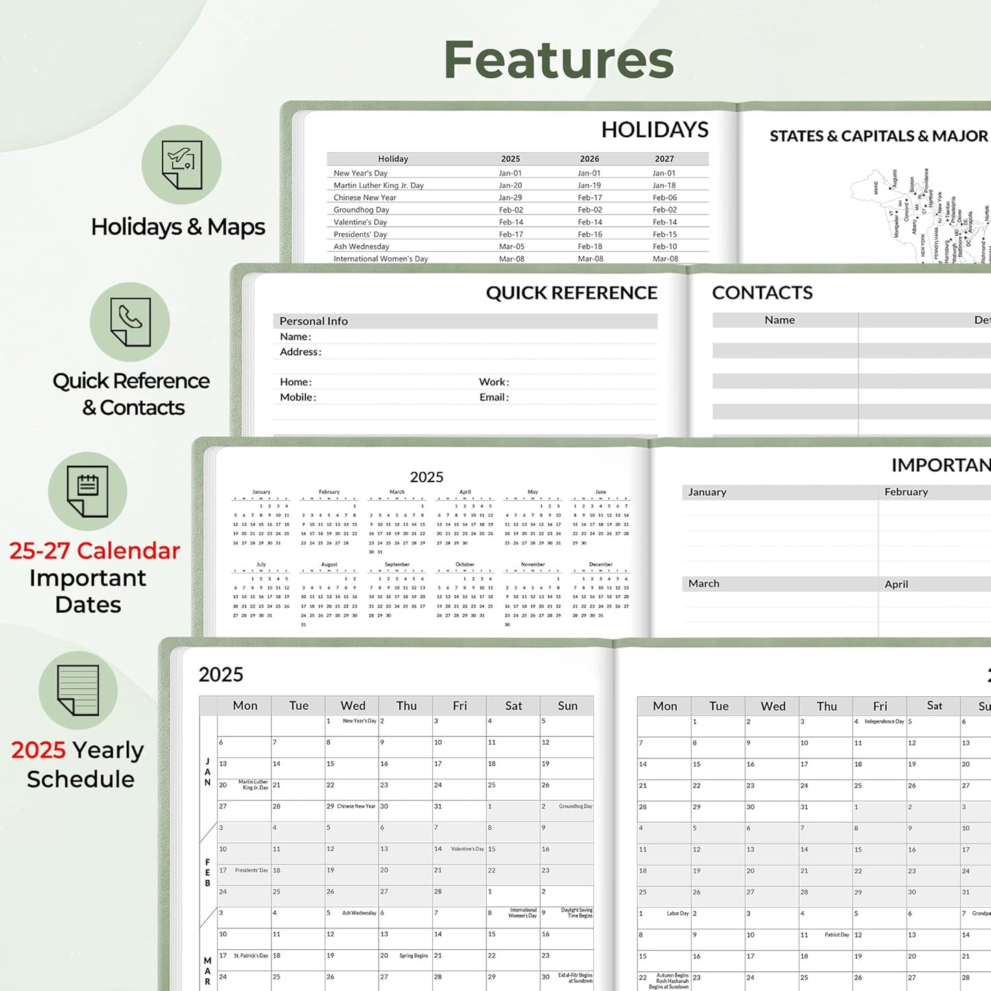 2025 Weekly & Monthly Hardcover Planner 5.5" X 8.3" - 12 Month (January 2025 - December 2025), Small Hardcover Planner, Pocket, Notes, 100 GSM Paper, Sage Green